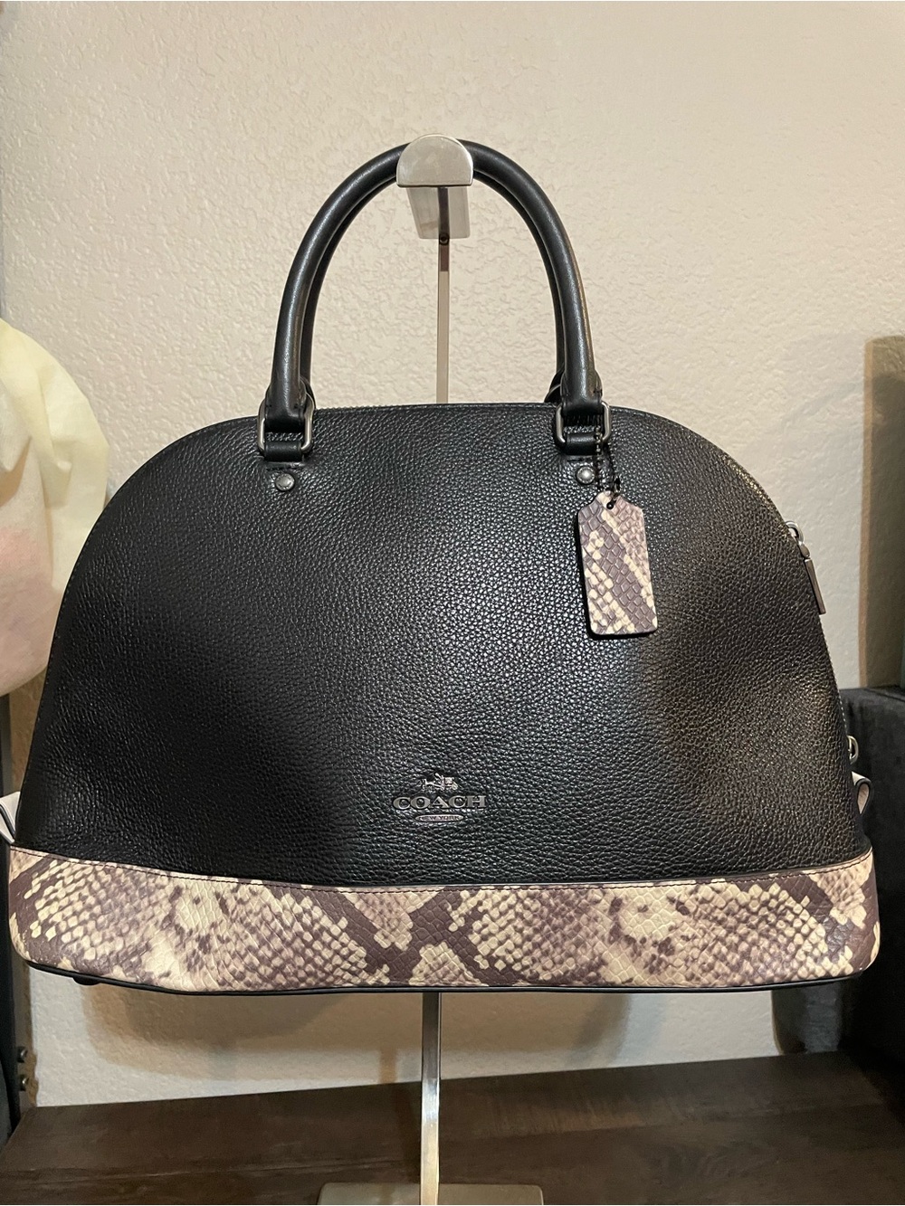 Coach Black Pebbled Leather Dome Satchel with Snake-Print Accent